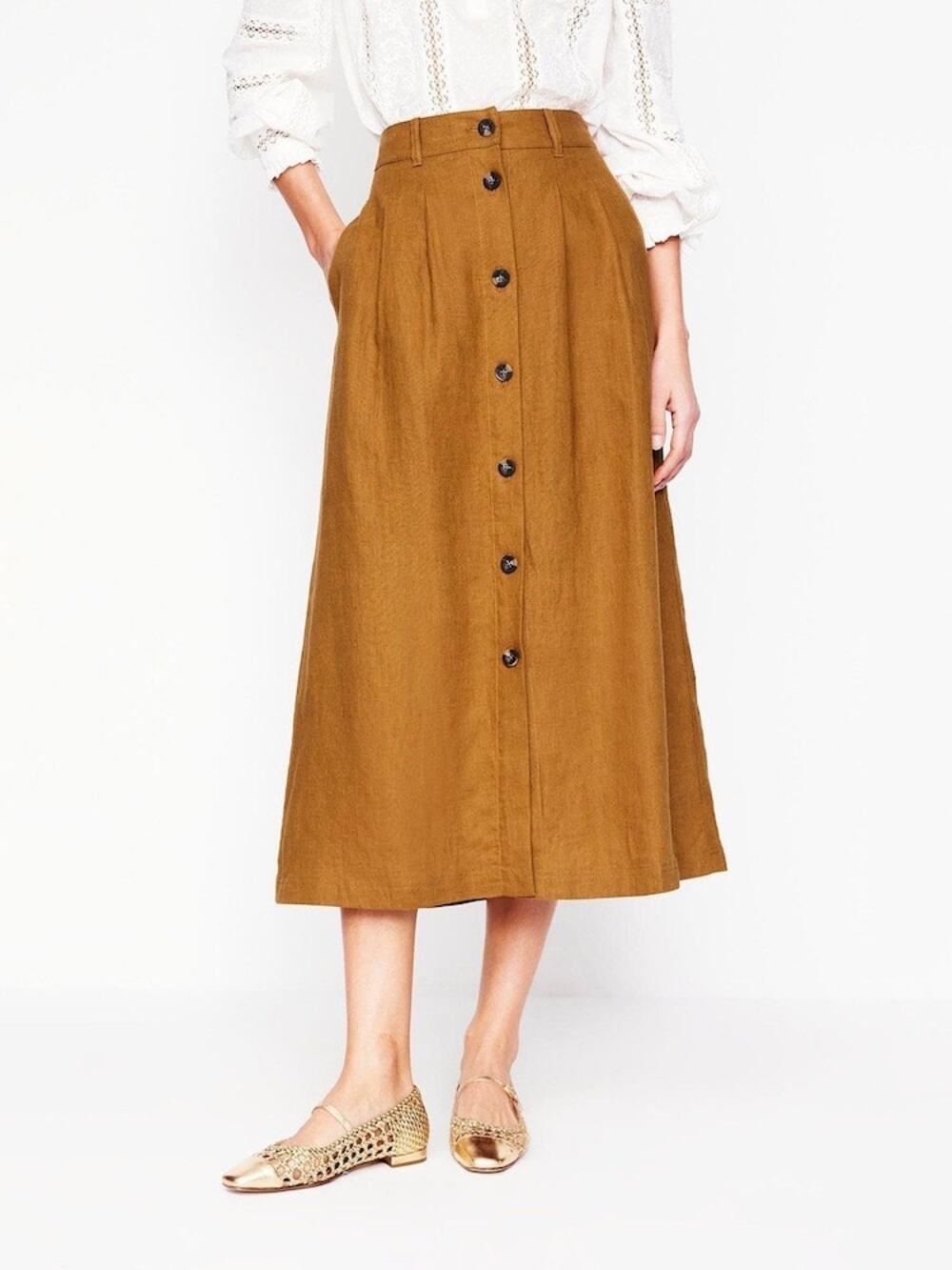 BODEN Thomasina Linen Midi Skirt Size US 8 Petite Brown Button Front Pockets